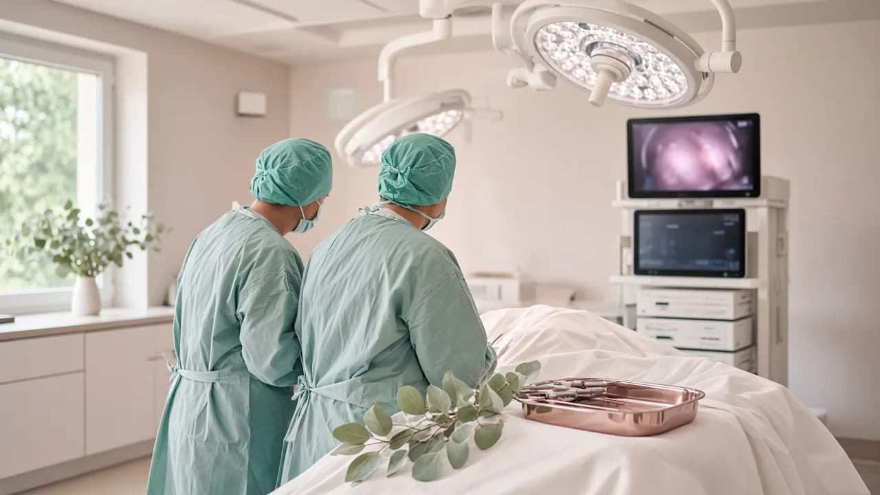 Bloc opératoire moderne pour une chirurgie gynécologique oncologique, ambiance clinique calme et professionnelle