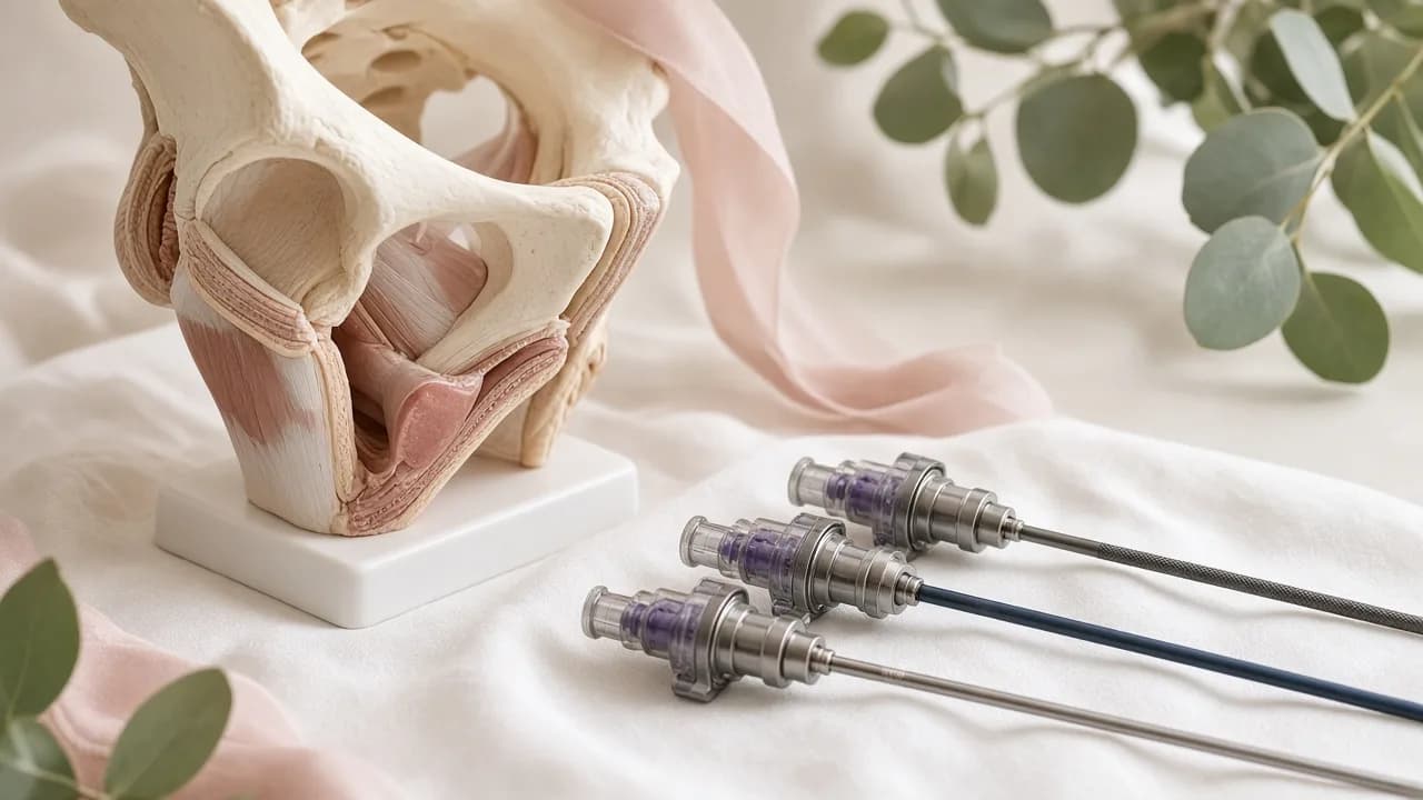 Représentation pédagogique d’une hernie crurale et instruments de cœlioscopie sur un champ stérile