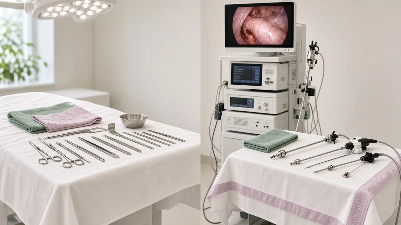 Instruments de chirurgie ouverte et de cœlioscopie dans un bloc opératoire moderne, illustration pédagogique non graphique