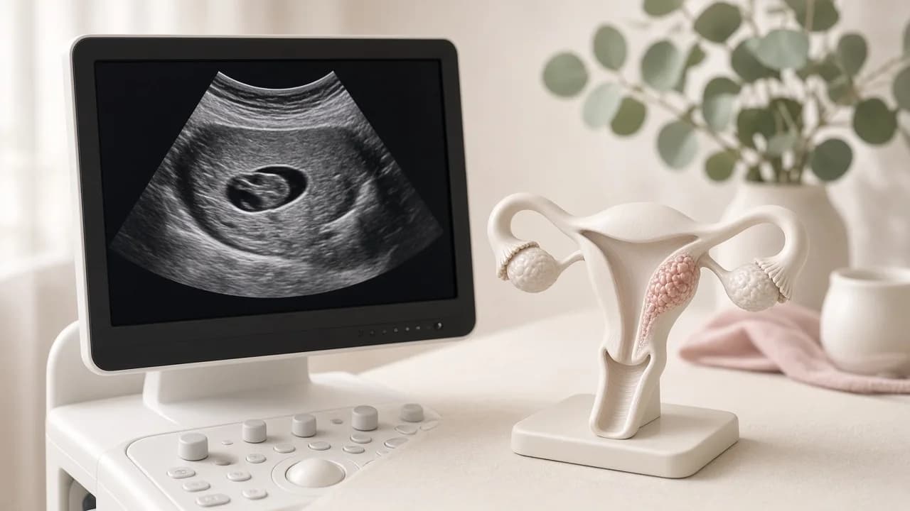 Cadre clinique rassurant avec échographie et modèle pédagogique illustrant la prise en charge d’une grossesse extra-utérine