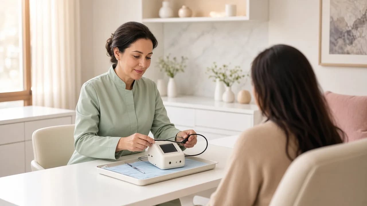 Consultation gynécologique haut de gamme avec matériel d’hystéroscopie diagnostique compact, ambiance rassurante
